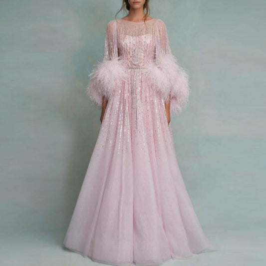 O - Neck A - line Women Pink Long Sleeve With Feathers Prom Gown - LiveTrendsX