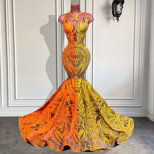 O - neck Orange and Yellow Sequin Girls Mermaid Prom Gowns - LiveTrendsX