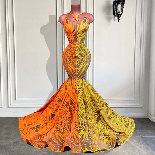 O - neck Orange and Yellow Sequin Girls Mermaid Prom Gowns - LiveTrendsX