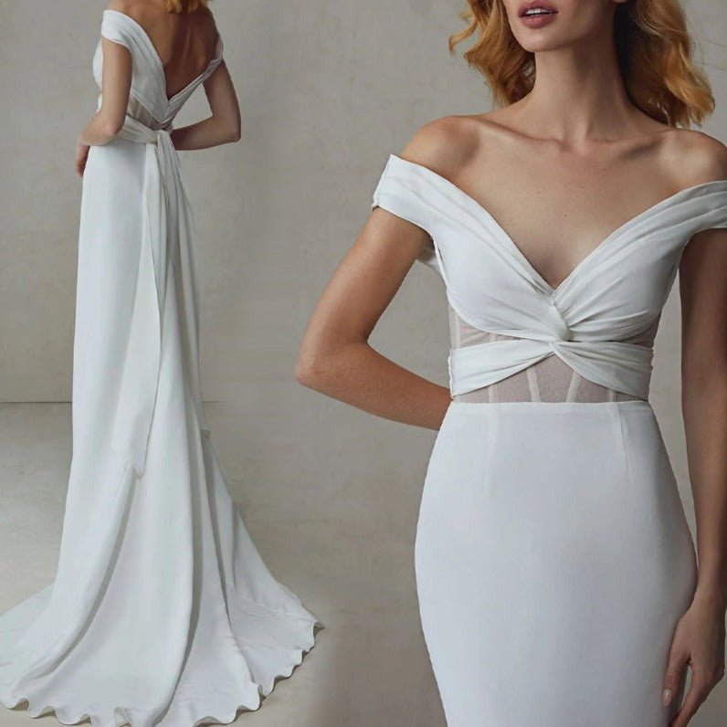 Off shoulder vintage white plain satin open - back small trailing wedding dress - LiveTrendsX