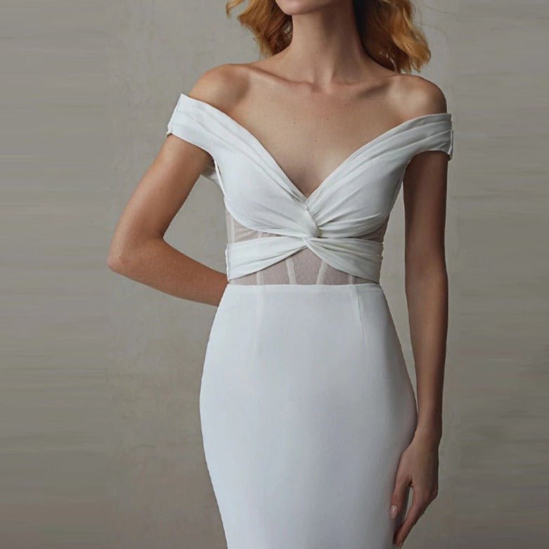 Off shoulder vintage white plain satin open - back small trailing wedding dress - LiveTrendsX