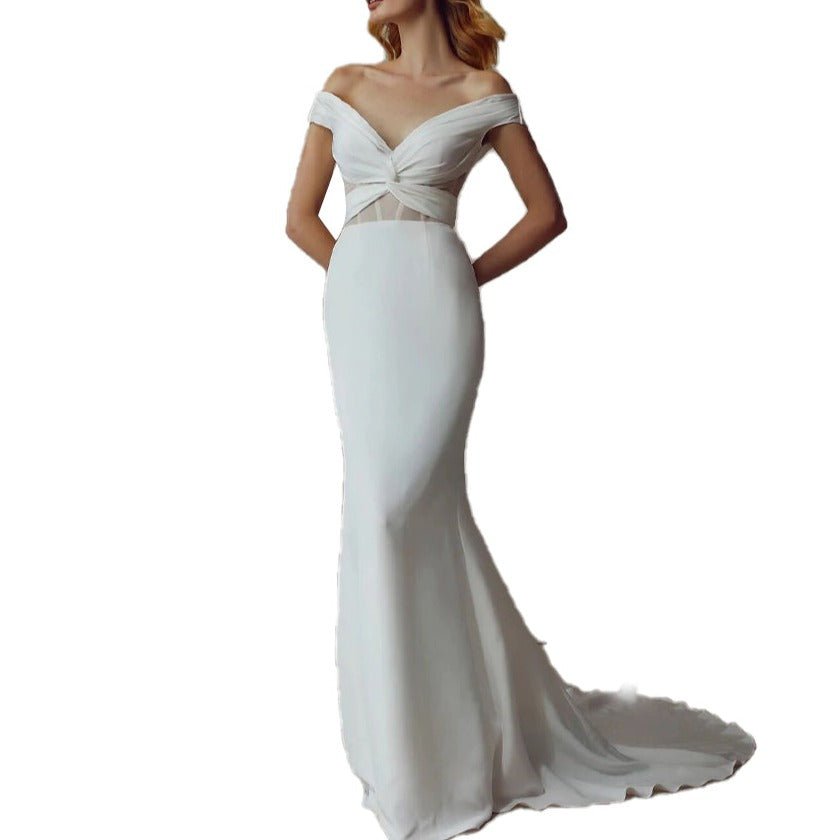 Off shoulder vintage white plain satin open - back small trailing wedding dress - LiveTrendsX
