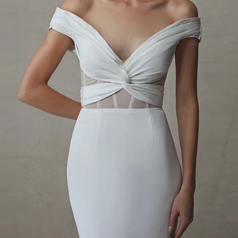 Off shoulder vintage white plain satin open - back small trailing wedding dress - LiveTrendsX