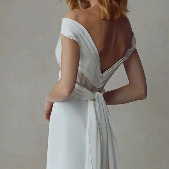 Off shoulder vintage white plain satin open - back small trailing wedding dress - LiveTrendsX