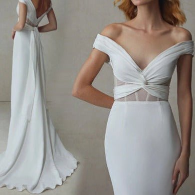 Off shoulder vintage white plain satin open - back small trailing wedding dress - LiveTrendsX