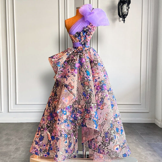 One Shoulder Vintage Lace Flowers Dubai Women Formal Party Evening Gowns - LiveTrendsX