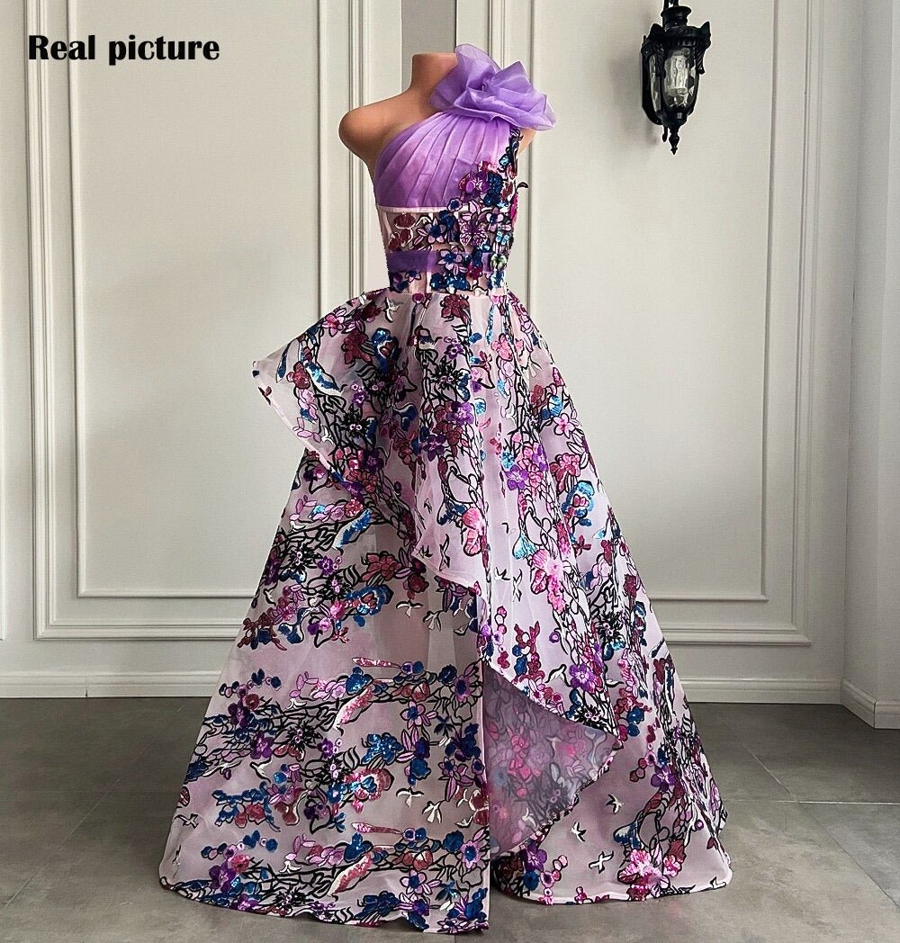 One Shoulder Vintage Lace Flowers Dubai Women Formal Party Evening Gowns - LiveTrendsX