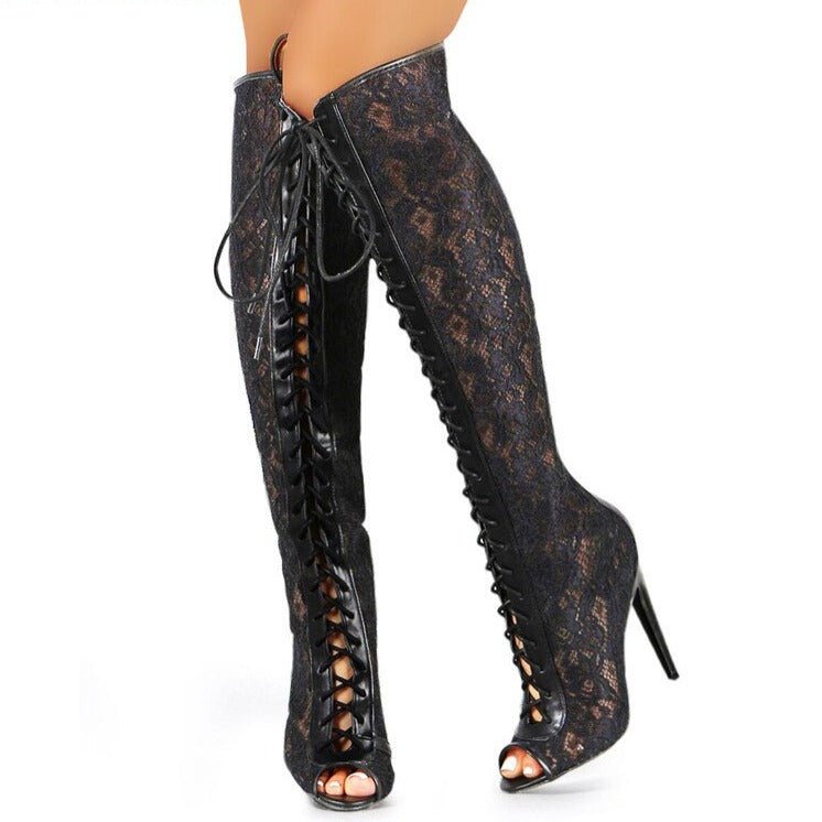 Open Toe Cross - tied Sandals Boots Lace Up High Heel Shoes - LiveTrendsX