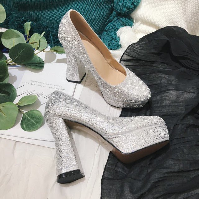 Pearl Rhinestone Round Toe BlingBling Pumps - LiveTrendsX
