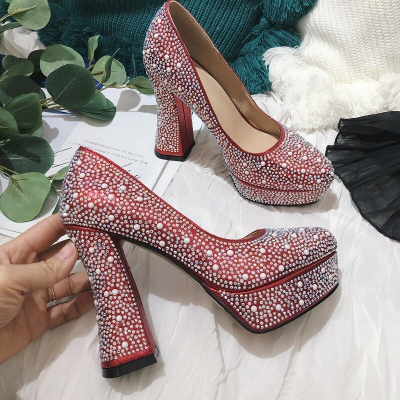 Pearl Rhinestone Round Toe BlingBling Pumps - LiveTrendsX
