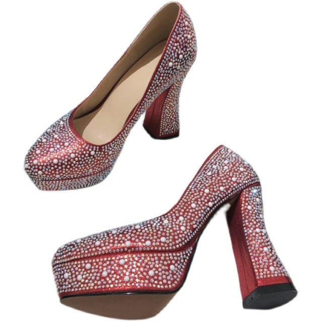 Pearl Rhinestone Round Toe BlingBling Pumps - LiveTrendsX