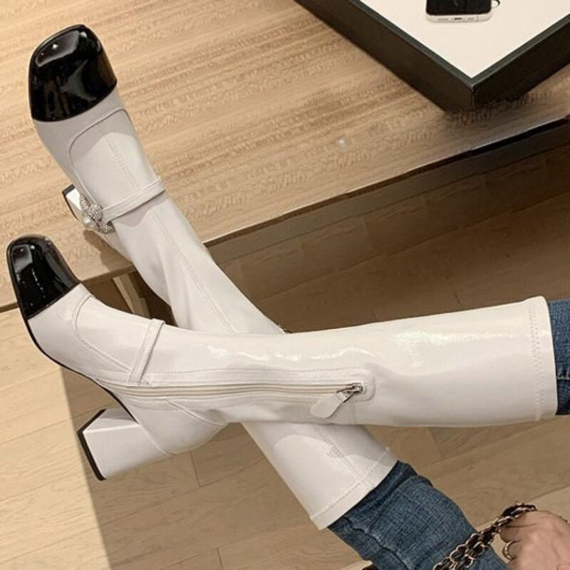 Pearl Studs Flower Side Patchwork Square Toe Knee Boots - LiveTrendsX