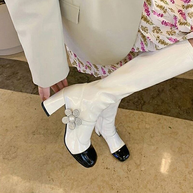 Pearl Studs Flower Side Patchwork Square Toe Knee Boots - LiveTrendsX