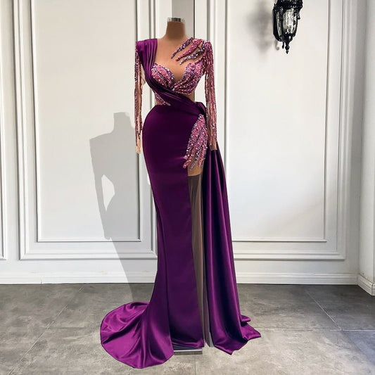 Pearls Dubai Women Purple Satin Sheer Formal Evening Gowns - LiveTrendsX