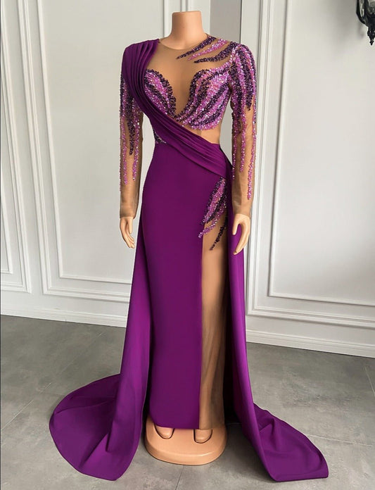 Pearls Dubai Women Purple Satin Sheer Formal Evening Gowns - LiveTrendsX