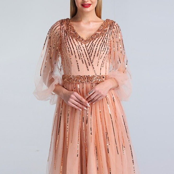 Pink V - Neck Evening Dresses Sequined Long Sleeves - LiveTrendsX