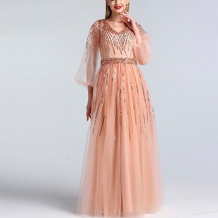 Pink V - Neck Evening Dresses Sequined Long Sleeves - LiveTrendsX