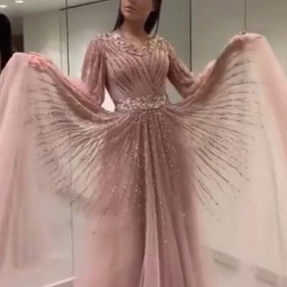 Pink V - Neck Evening Dresses Sequined Long Sleeves - LiveTrendsX