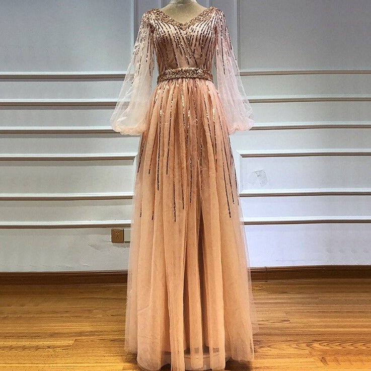 Pink V - Neck Evening Dresses Sequined Long Sleeves - LiveTrendsX