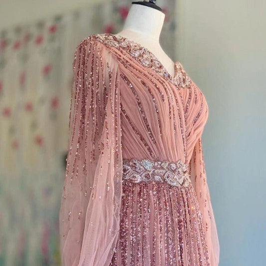 Pink V - Neck Evening Dresses Sequined Long Sleeves - LiveTrendsX