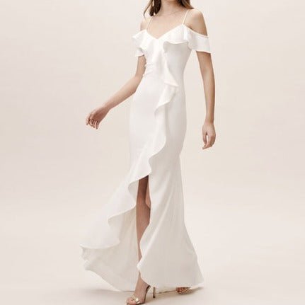 Plain satin ruffled burgundy dress with split legs - LiveTrendsX