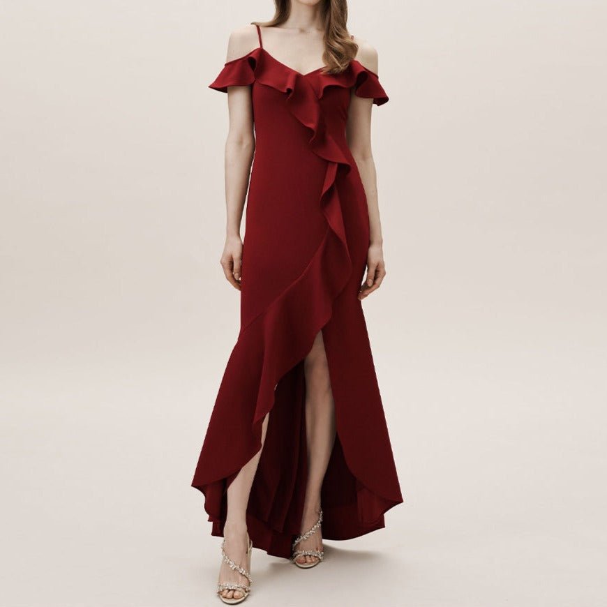 Plain satin ruffled burgundy dress with split legs - LiveTrendsX