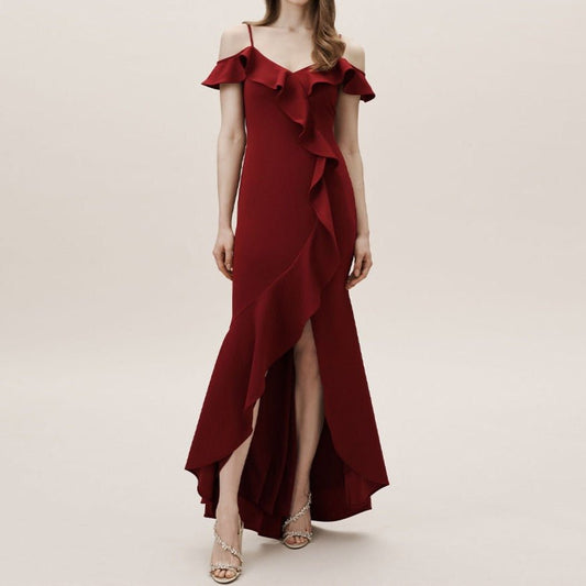 Plain satin ruffled burgundy dress with split legs - LiveTrendsX