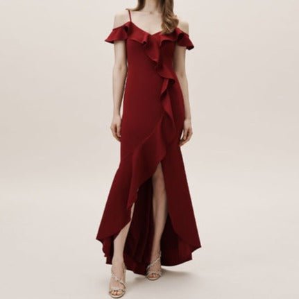 Plain satin ruffled burgundy dress with split legs - LiveTrendsX