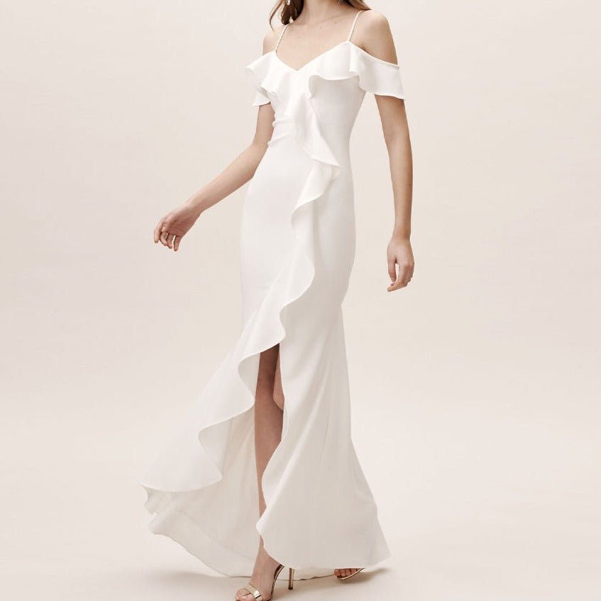 Plain satin ruffled burgundy dress with split legs - LiveTrendsX