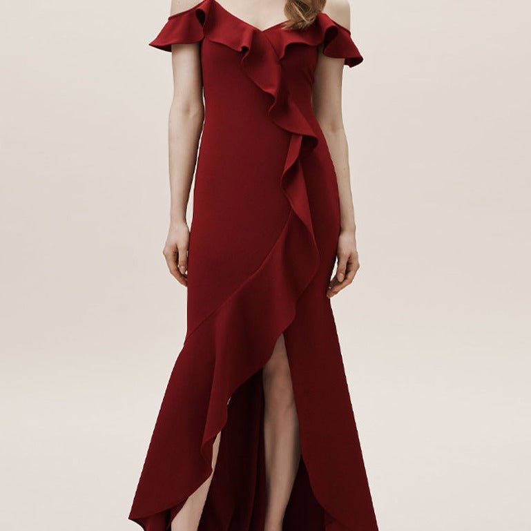 Plain satin ruffled burgundy dress with split legs - LiveTrendsX