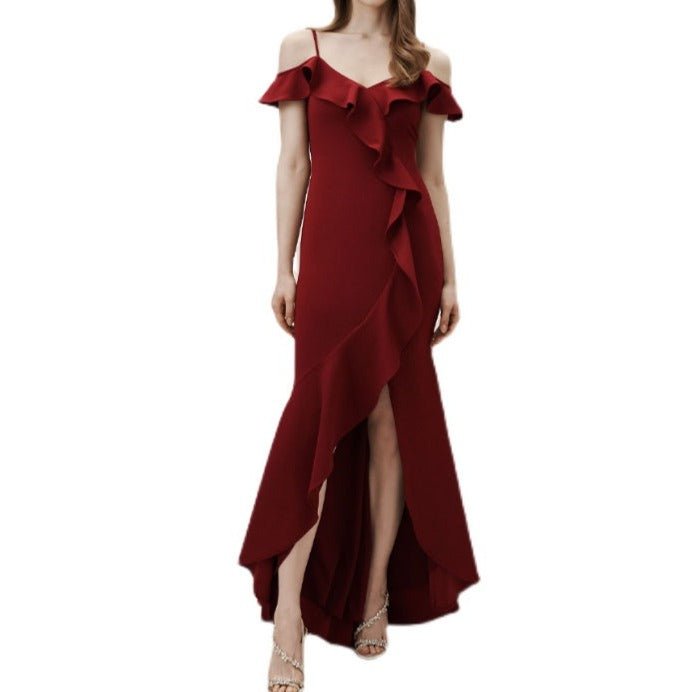 Plain satin ruffled burgundy dress with split legs - LiveTrendsX