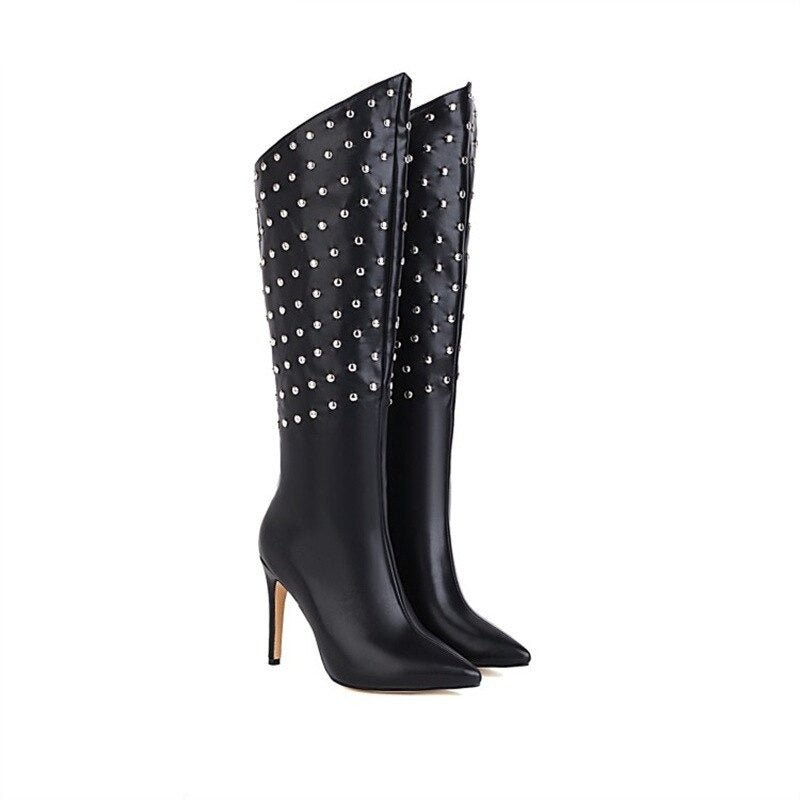 Pointed Toe Knee High Boots Punk Rivets Motorcycle Boots - LiveTrendsX