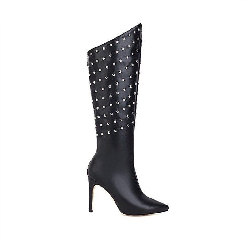 Pointed Toe Knee High Boots Punk Rivets Motorcycle Boots - LiveTrendsX