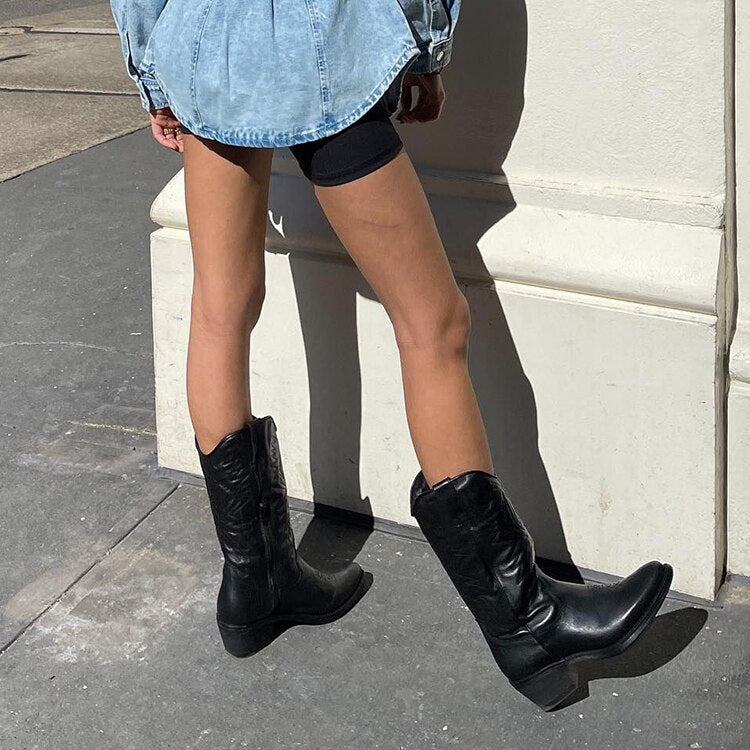 Pointed Toe Knee High Ladies Leather Motorcycle Boots - LiveTrendsX