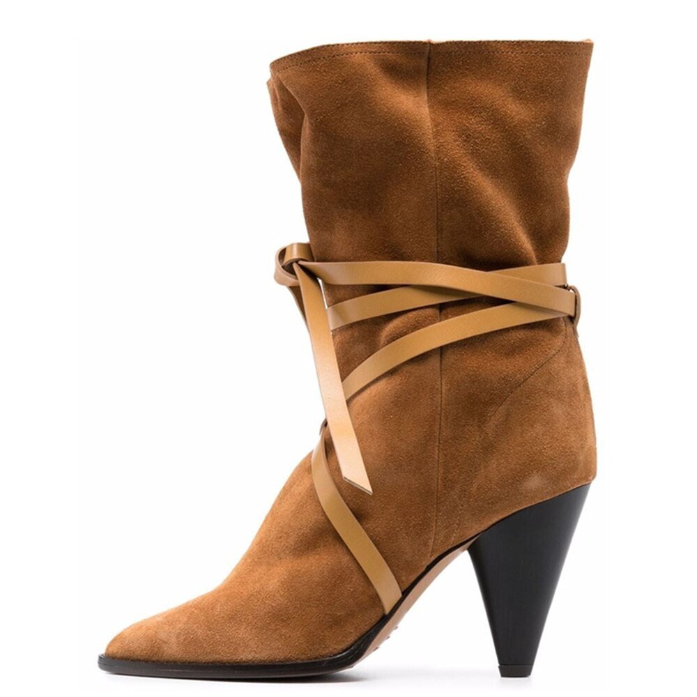 Pointed Toe Lady Cross Tied Belt High Heel Short Boots - LiveTrendsX