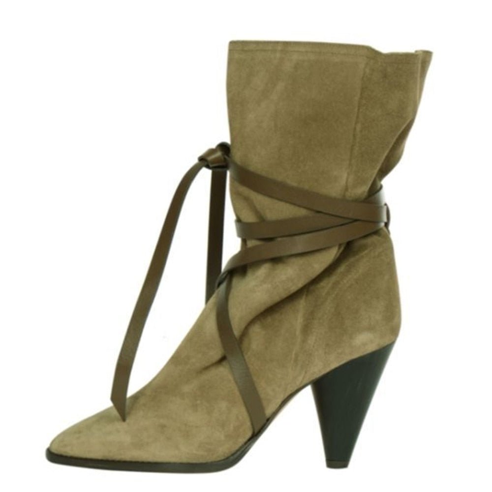 Pointed Toe Lady Cross Tied Belt High Heel Short Boots - LiveTrendsX