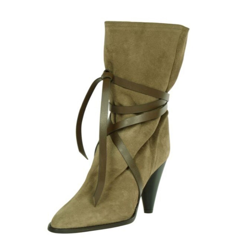 Pointed Toe Lady Cross Tied Belt High Heel Short Boots - LiveTrendsX