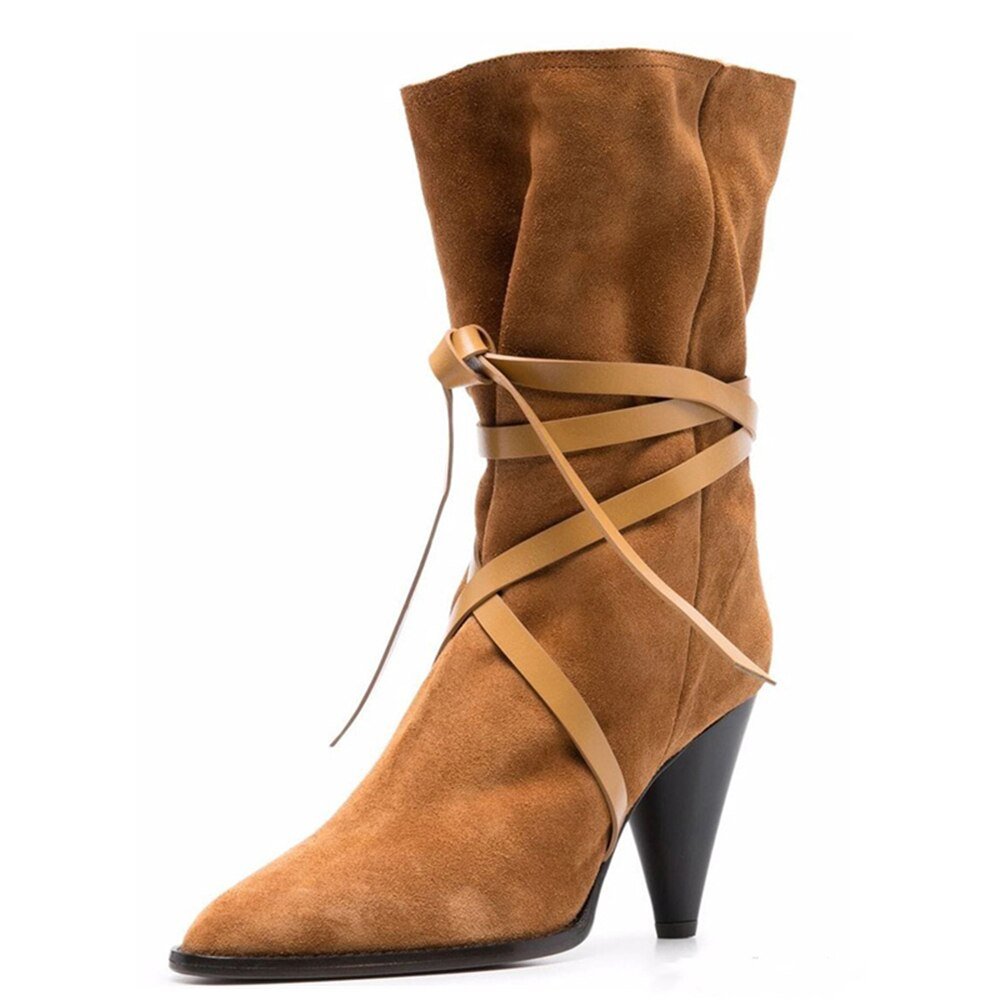 Pointed Toe Lady Cross Tied Belt High Heel Short Boots - LiveTrendsX