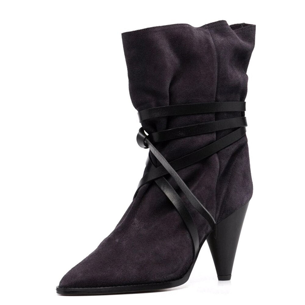 Pointed Toe Lady Cross Tied Belt High Heel Short Boots - LiveTrendsX