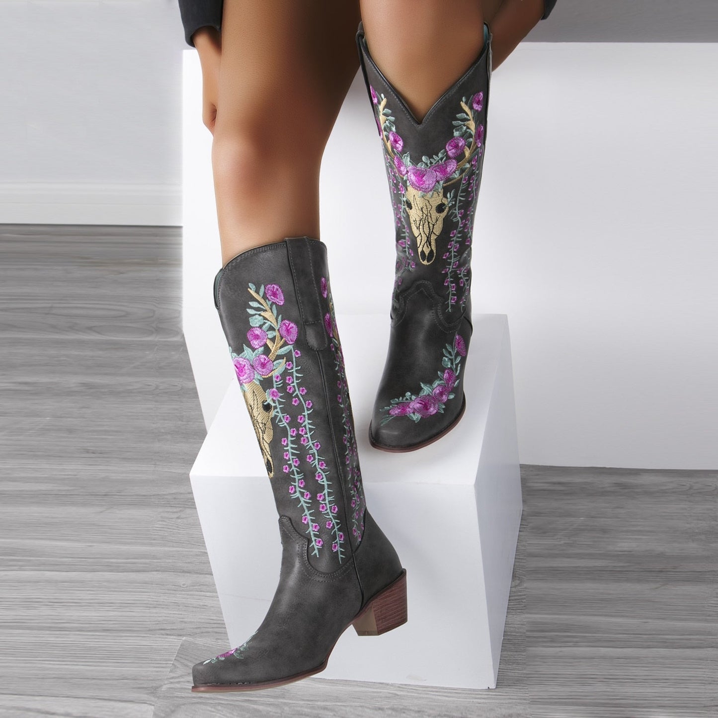 Prints Low Heels Motorcycle Riding Boots Shoes Ladies - LiveTrendsX