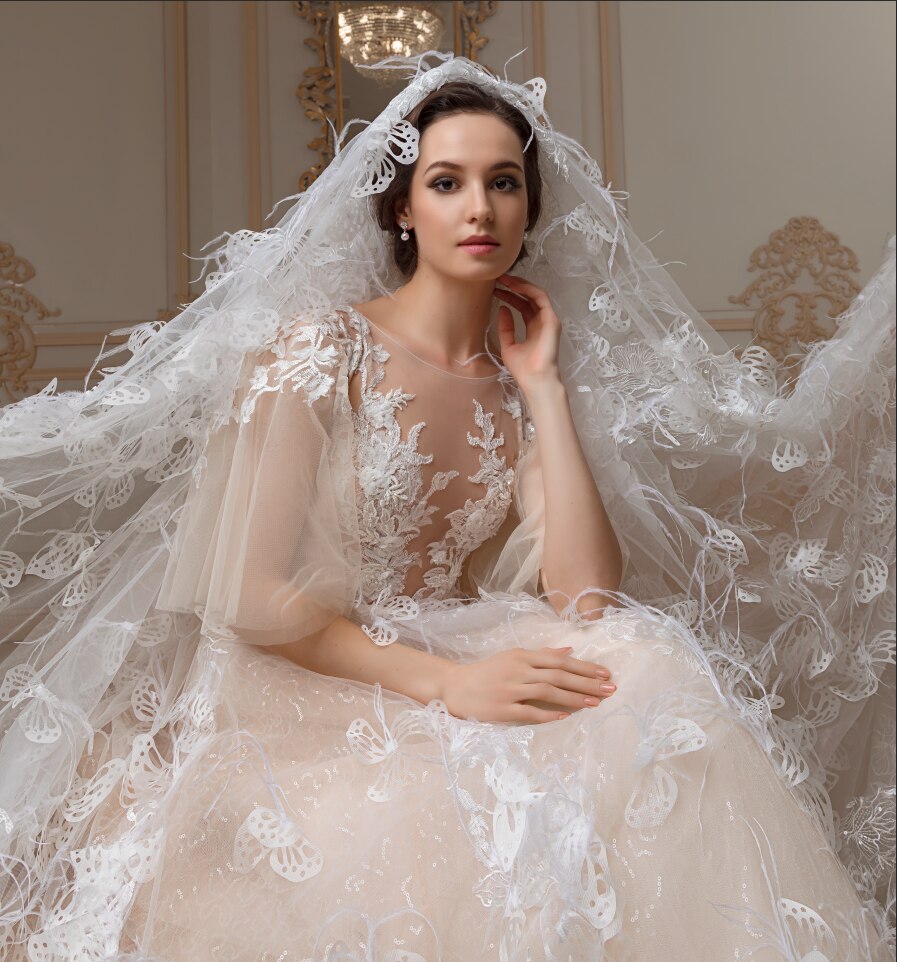 Wedding dresses with beaded and High quality feather and lace custom made Royal - LiveTrendsX