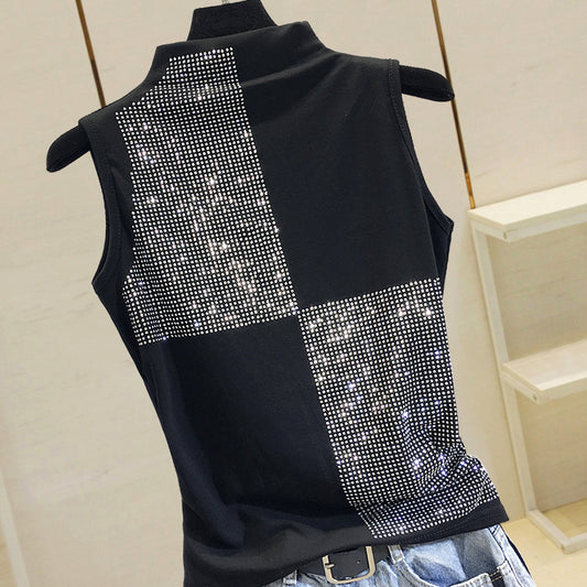 Summer Sleveless T-shirt Lady Slim Semi-high Collar Hot Drill Basic Shirts Female Personality Tops Girlall-match Black Shirts - LiveTrendsX