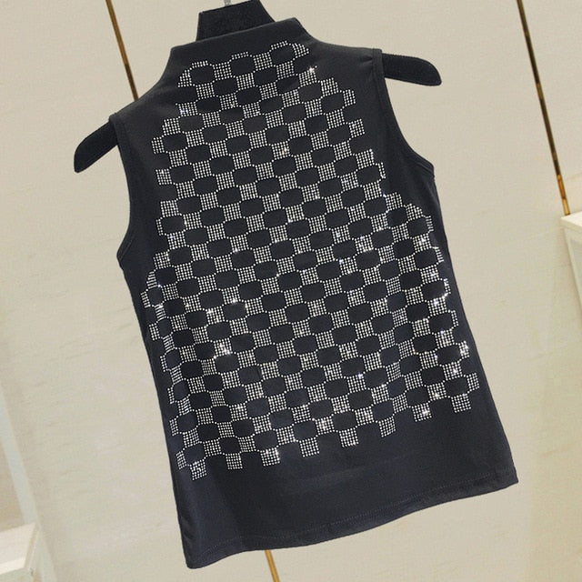 Summer Sleveless T-shirt Lady Slim Semi-high Collar Hot Drill Basic Shirts Female Personality Tops Girlall-match Black Shirts - LiveTrendsX