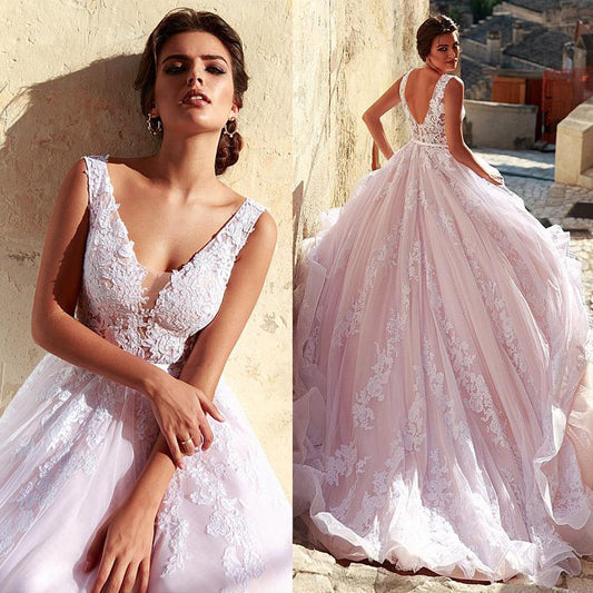Romantic Tulle V-neck Neckline A-line Wedding Dress With Lace Appliques Pink Long Bridal Gown vestido madrinha - LiveTrendsX