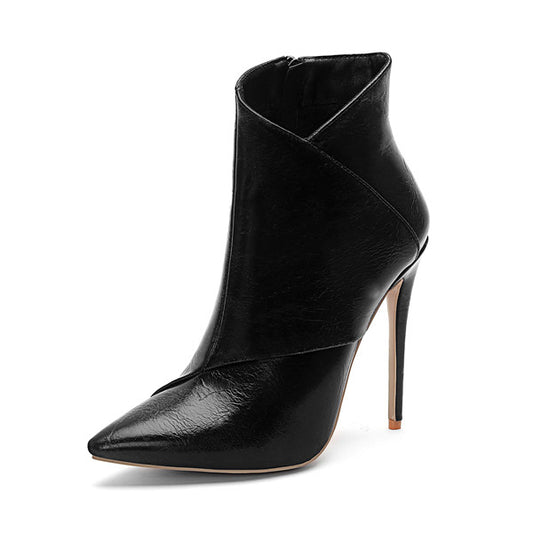Quality Thin High Heels Faux Leather Zipper Boots Sexy Pointed Toe Black Stiletto Heels Ankle Booties Plus Size 34-45 - LiveTrendsX