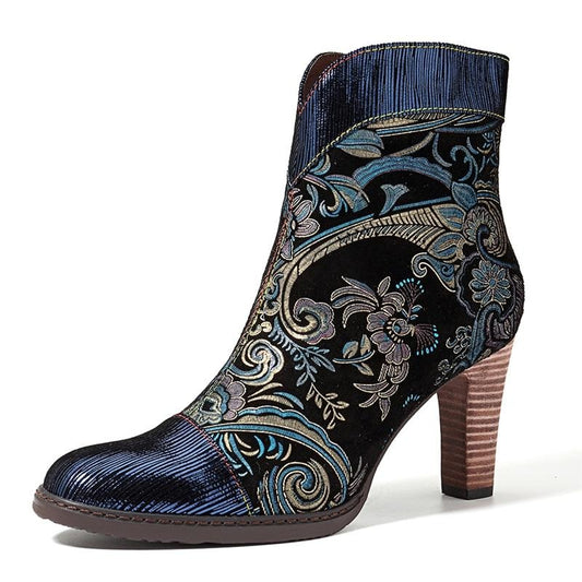 Retro Printed Sheep Women Boots Leather Boots Women Shoes Woman Vintage Block High Heels 8cm Ankle BootsZapatos De Mujer - LiveTrendsX