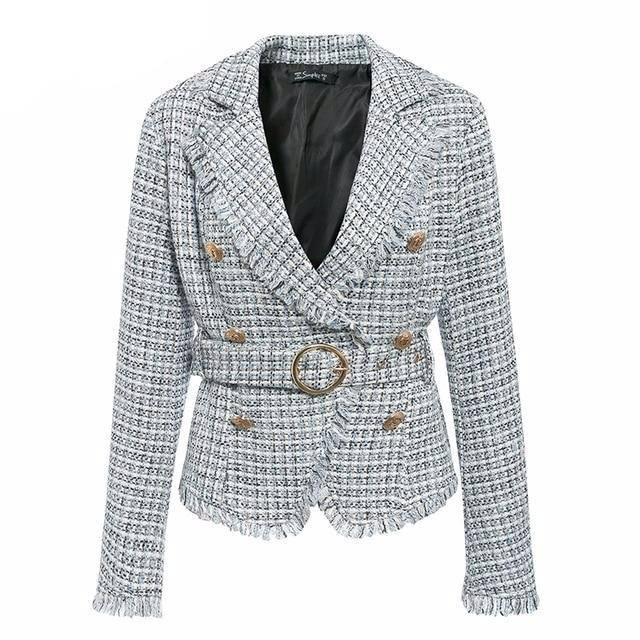 Plaid frayed edge tweed jacket coat Women v-neck double breasted button belt ladies coat Long sleeve outwear blazer coat - LiveTrendsX