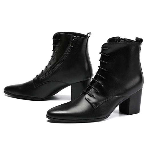 Black Soft Leather Ankle Boots Thick Heels Men Shoes Cowboy Boots Men High Heels 6.8cm Zapatos Hombre Lace Up Man Boots 46 - LiveTrendsX