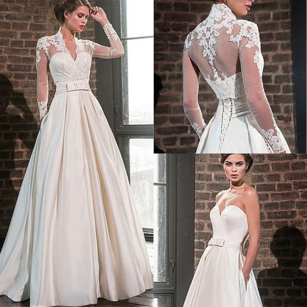 Elegant Sweetheart Satin Wedding Dress with Jacket Long Sleeve Floor Length Bridal Gowns Pockets Robe De Mariage - LiveTrendsX