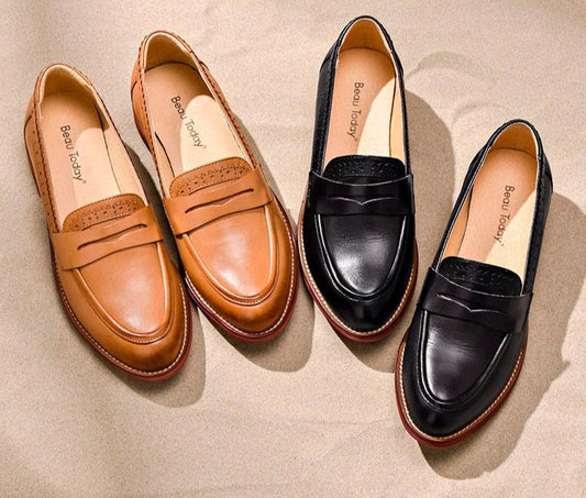 Penny Loafers Women Sheepskin Moccasin Genuine Leather Slip On Pointed Toe Flats Plus Size Shoes Handmade - LiveTrendsX